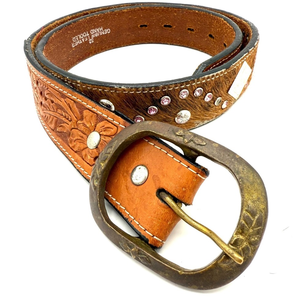 Montana Silversmiths Western Belt 32" Tooled‎ Leather Cowhide Studs Statement